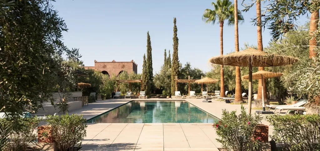 Serene pool area surrounded by palm trees and olive plants, ideal for relaxation during a High Atlas tour from Marrakech.